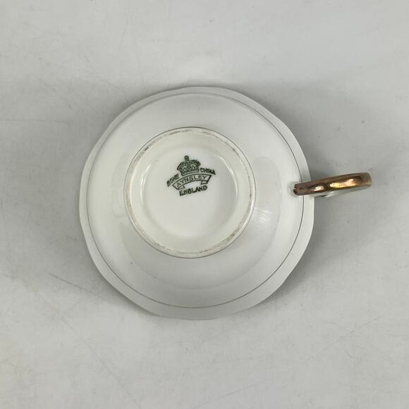Aynsley England Bone China Teacup Saucer Set Green Gold Floral Pattern 7905 - Picture 7 of 15
